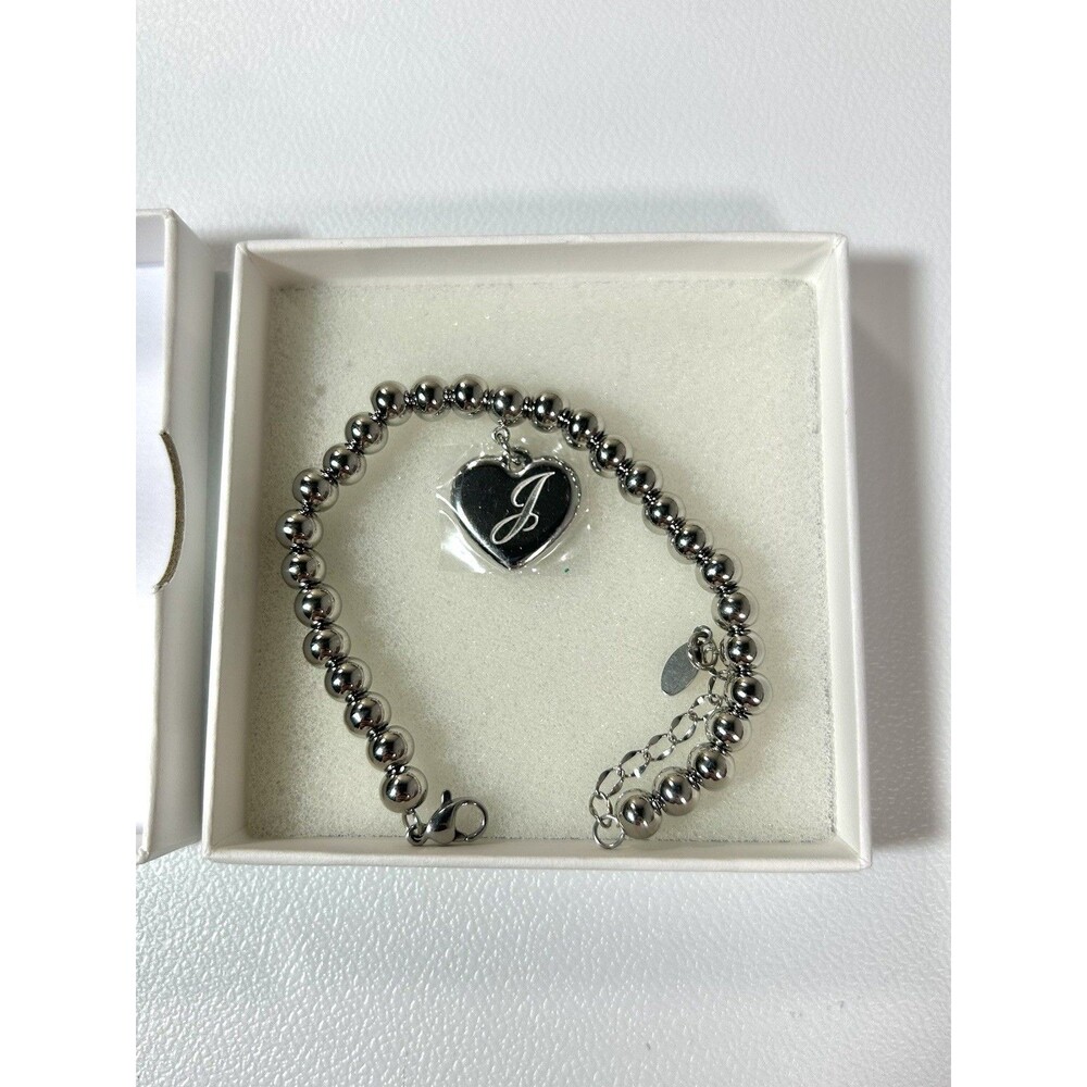 Initial J Heart Charm Bracelet, 7" With Extension S.Steel Silver Tone